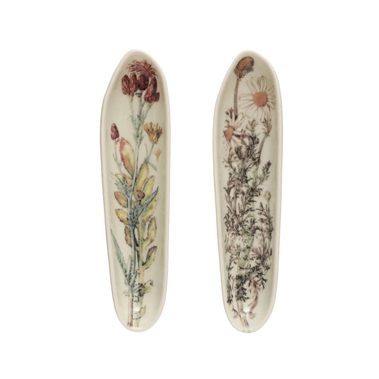 8"L X 2"W Stoneware Organic Shaped Platter W/ Florals, Multi Color, 2 Styles