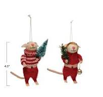 Felt Mouse Ornament -Wool Felt Mouse in Outfit W/Faux Trees Ornament