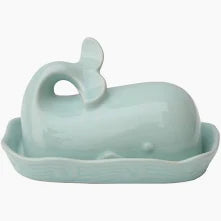 7"L X 4-1/2"W X 4"H Stoneware Whale Butter Dish, Aqua