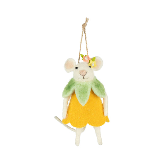A12877: White felt mouse orn, green/orange petal dress,5in