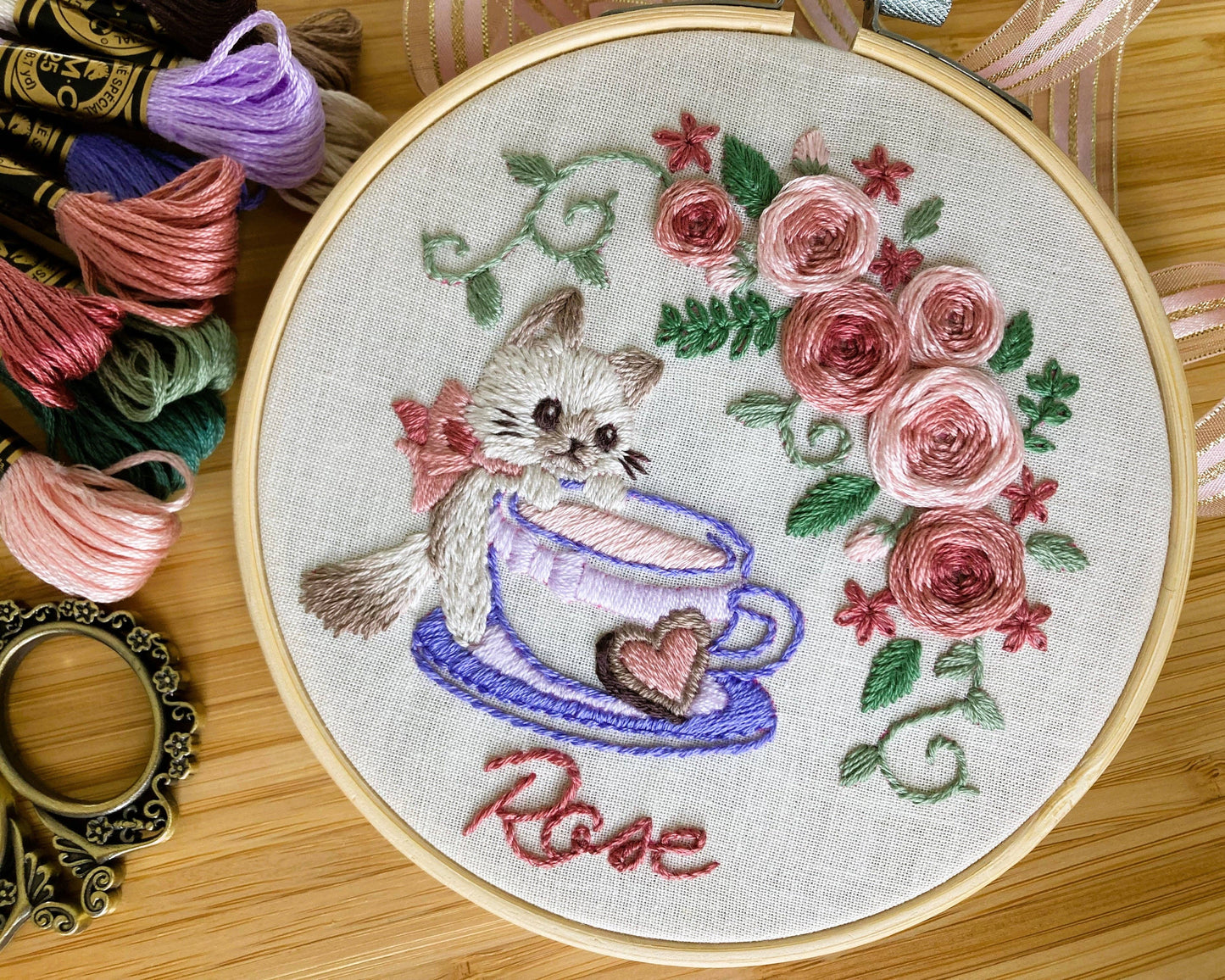 DIY Embroidery Kit Rose Tea from Cat & Tea Collection