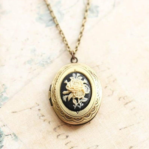 Cameo Locket Necklace - Ivory and Black Flower - Front & Company: Gift Store