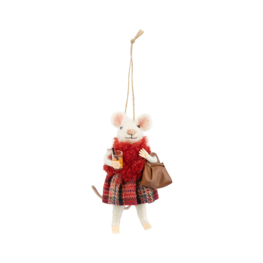 Felt Mouse Ornament:  rd scarf,plaid skirt,drink,brwn purse,5in