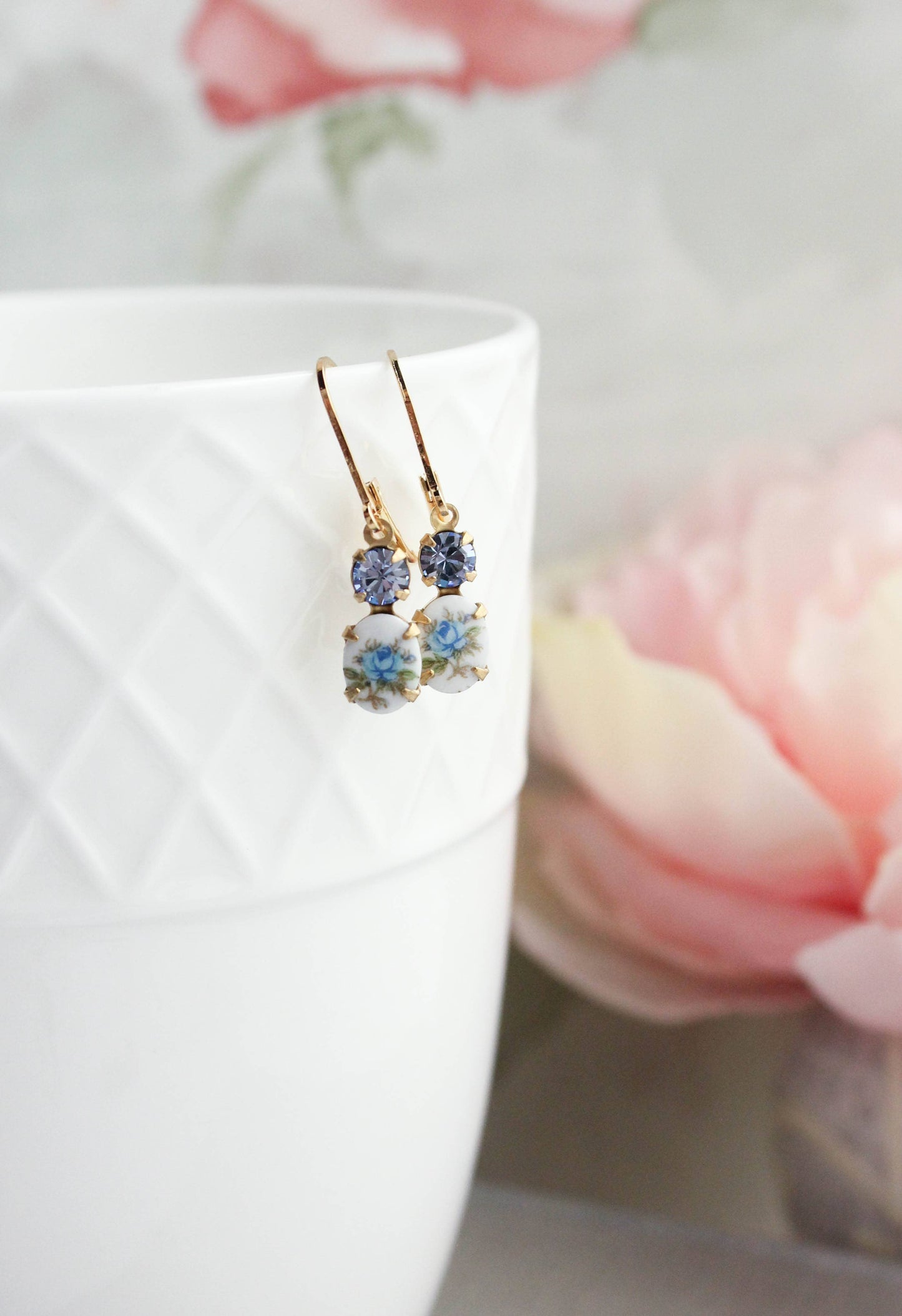 Little Blue Rose Cameo Earrings - Vintage Glass