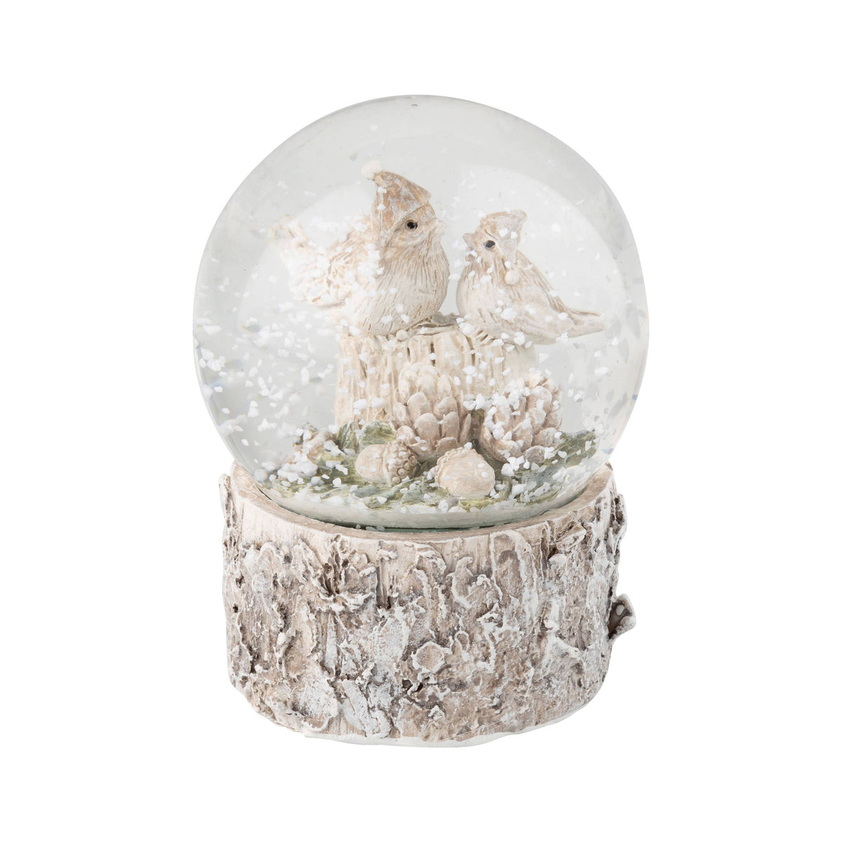 A73437:Resin snow globe w/ bird couple,textured white bas