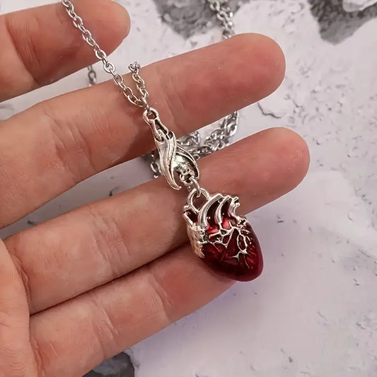 Unique Gothic Bat & Red Heart Pendant Necklace