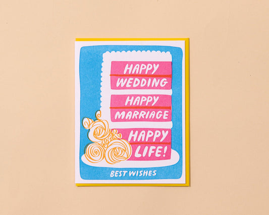 Colorful Letterpress Wedding Greeting Card - Happy Life Cake