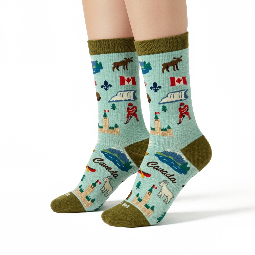 Canada Scenic Crew Socks with National Icons and Travel Illustrations