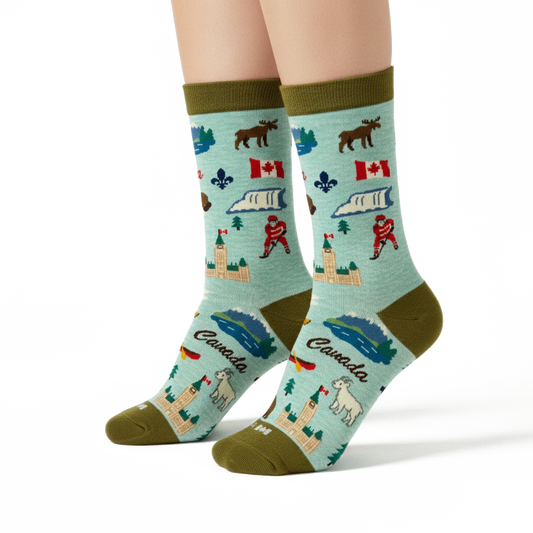 Canada Scenic Crew Socks with National Icons and Travel Illustrations