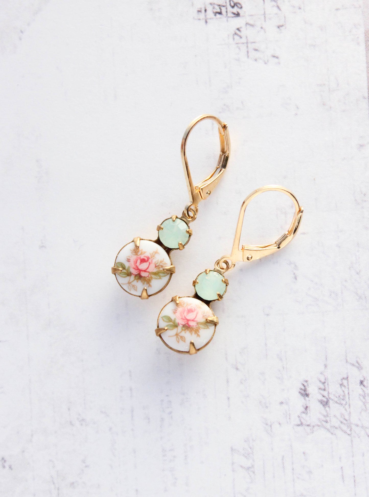 Small Drop Earrings - Vintage Glass - Pink Rose and Mint