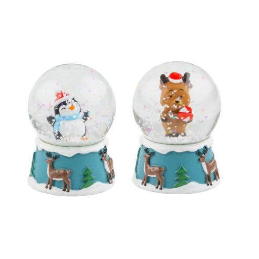 A29726:2 Asst penguin,rdeer snow globes,blu/rd base 2.5in
