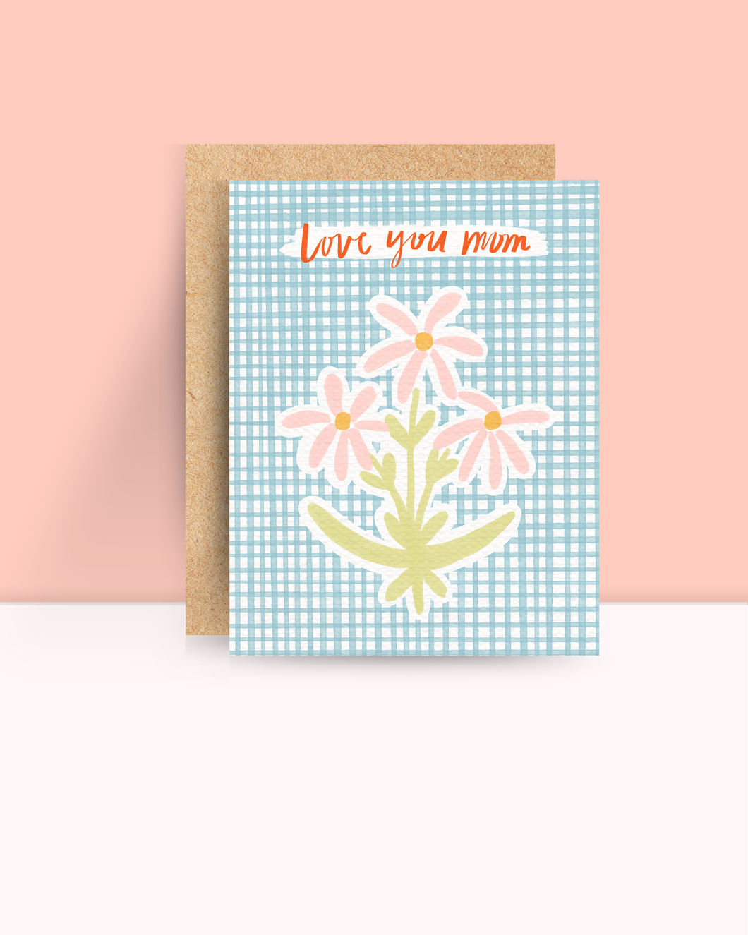 Blue Gingham 'Love You Mom' Card