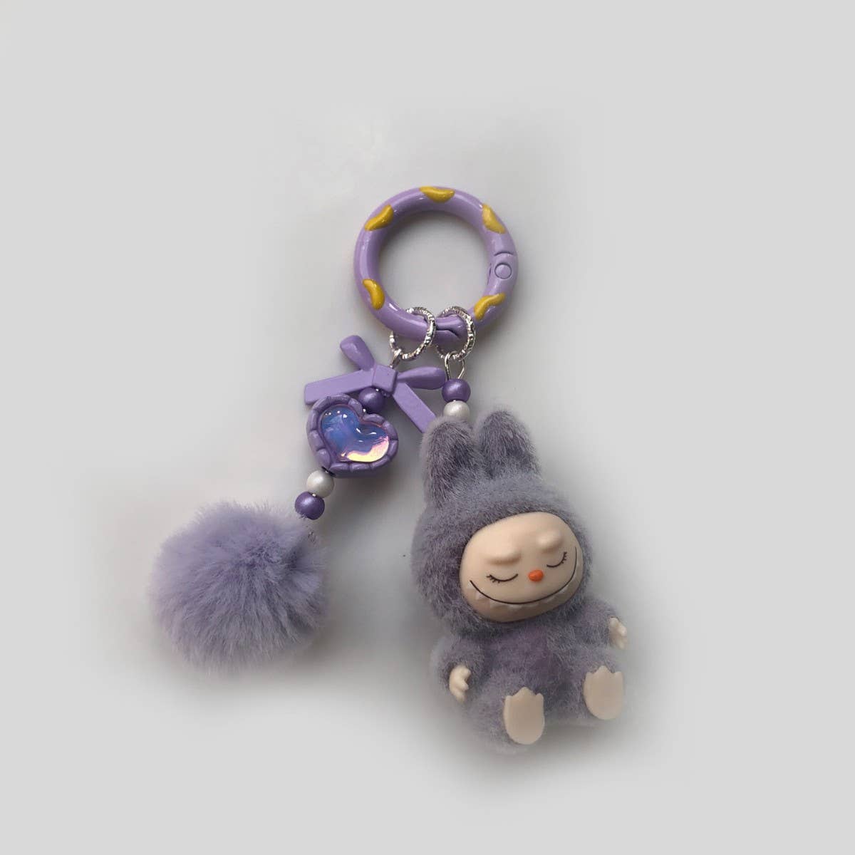 Flocked Mini Labubu Keychain Phone Charm with Fleece Poms