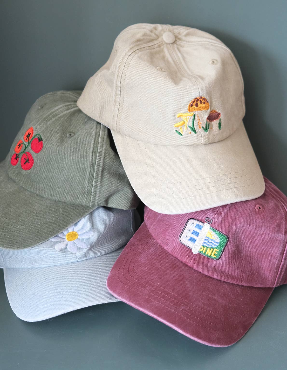 Tomato Vine Embroidered Hat, Washed Green
