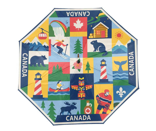 Canada Heritage Icon Collage Folding Umbrella - Premium UV Protection Sun & Rain Travel Parasol