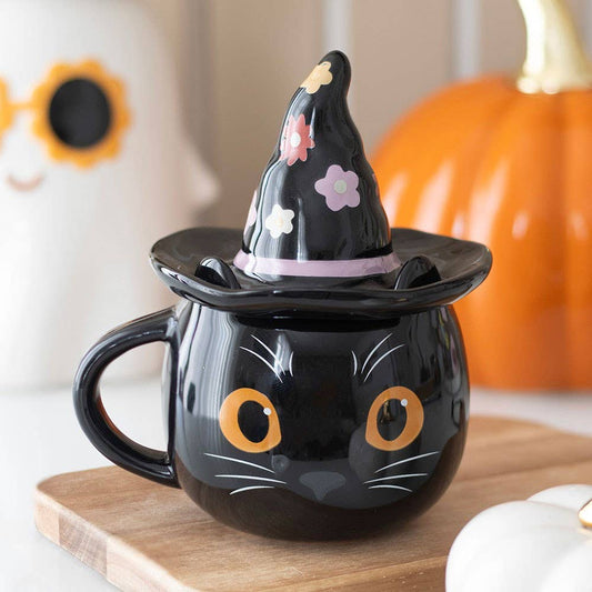 Groovy Witch Cat Lidded Halloween Mug