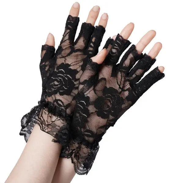 Black Lace Fingerless Gloves - One Size Fits Most