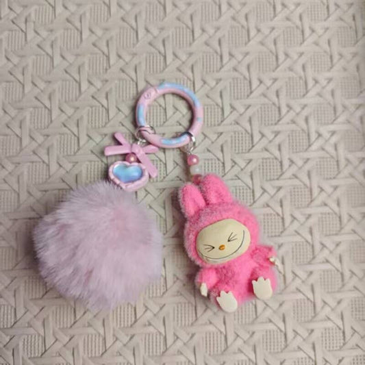 Flocked Mini Labubu Keychain Phone Charm with Fleece Poms