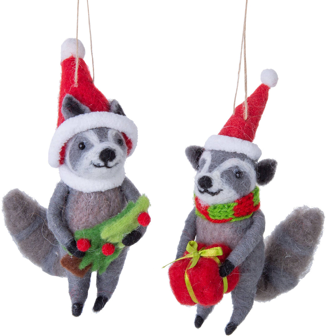 Felt Grey Racoons in Santa hats holding Present and Holly ornaments