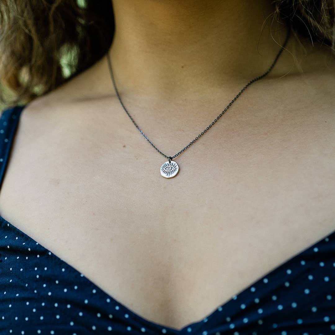 Sterling Silver Evil Eye Hammered Medallion Necklace