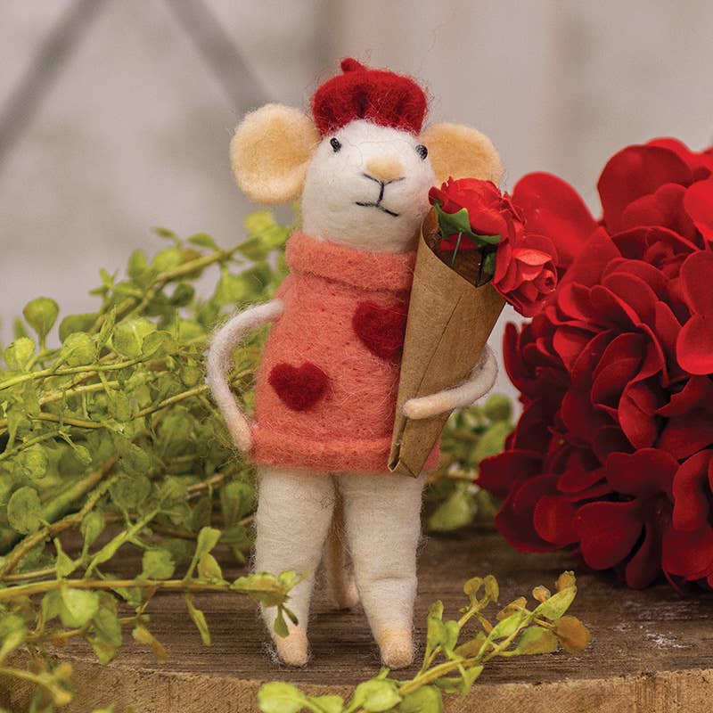 Valentine Mouse with Roses Felted Ornament