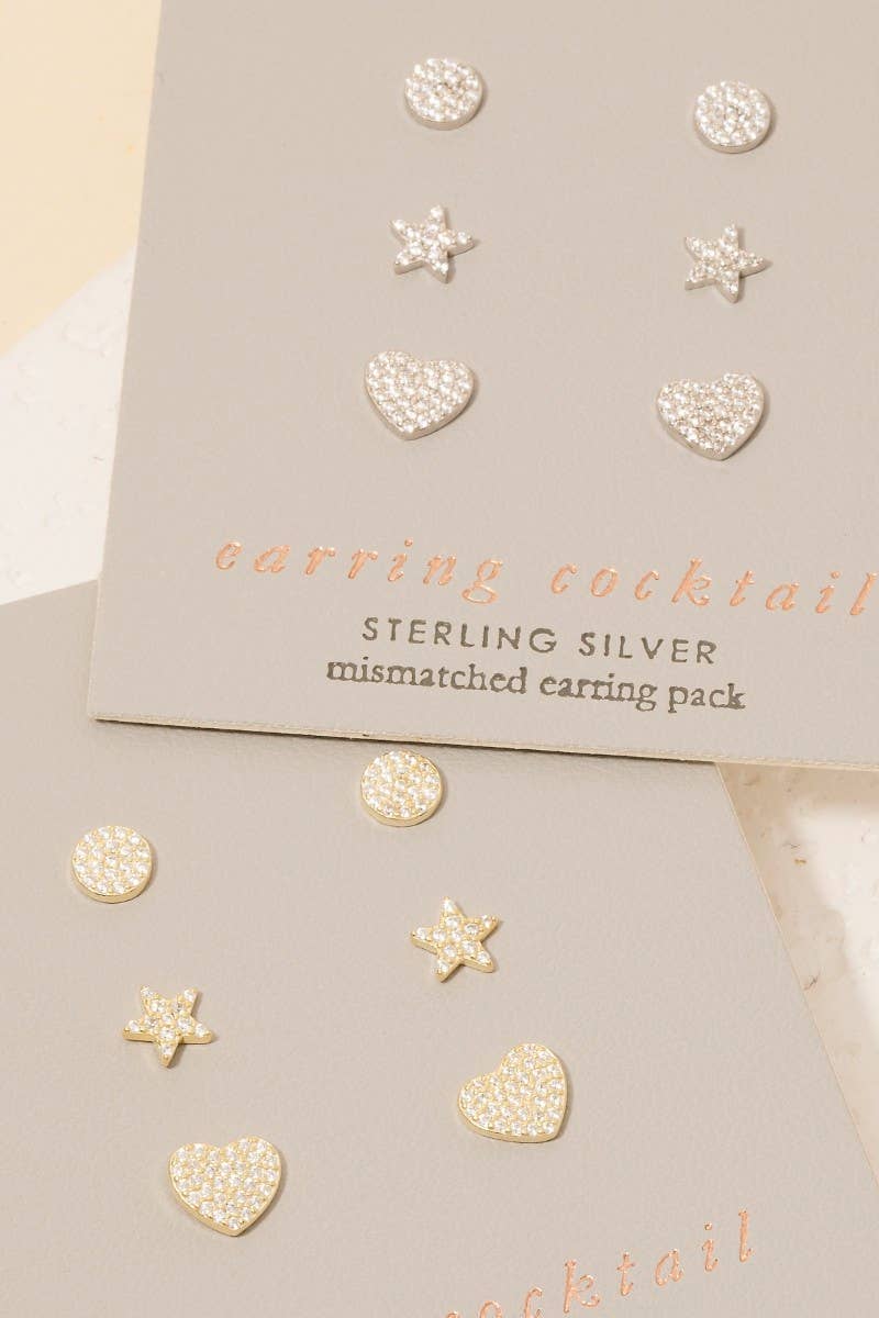 Sterling Silver Cz Pave Star Heart Disc Stud Earrings Set
