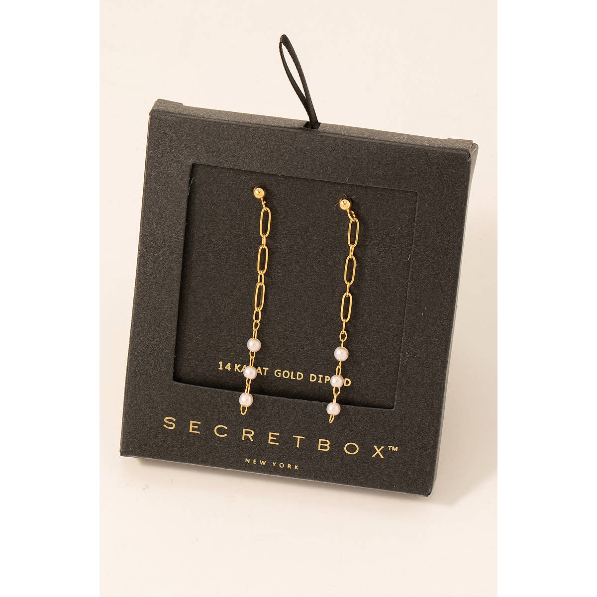 Secret Box Gold Dipped Pearl And Chain Dangle Earrings