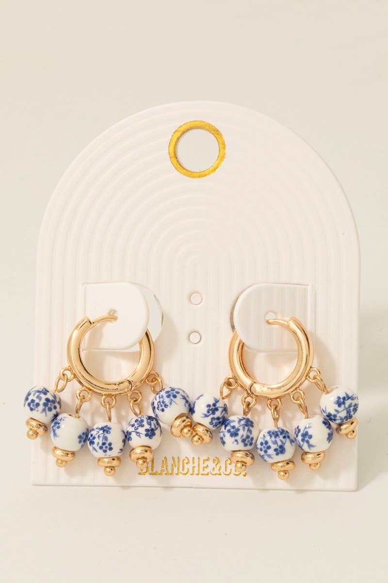 Floral Ceramic Bead Fringe Hoop Earrings