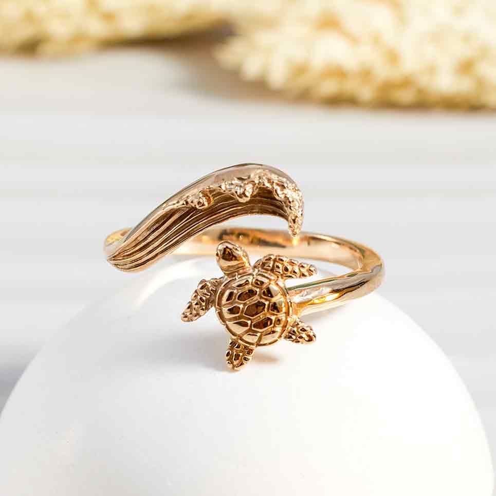 Sterling Silver or Bronze Sea Turtle & Wave Adjustable Ring