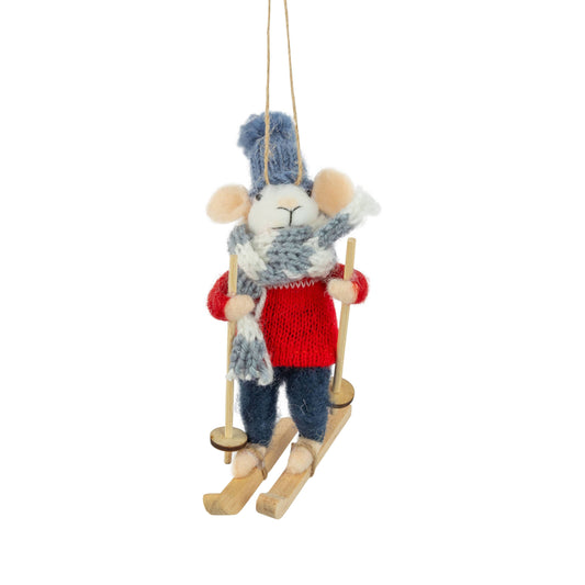 Felt Mouse Ornament:  Felt skiing mouse red and blue with knit hat