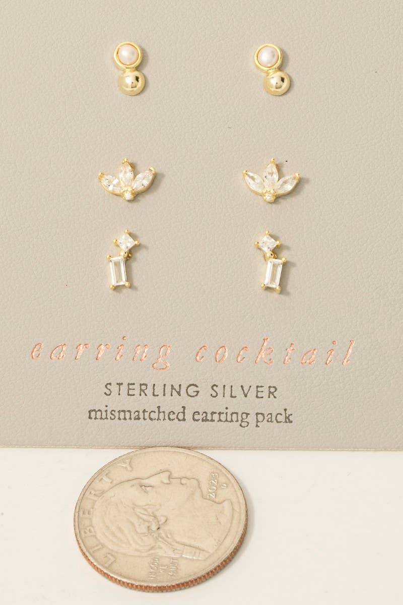 Mixed Sterling Silver Cz And Pearl Stud Earrings Set