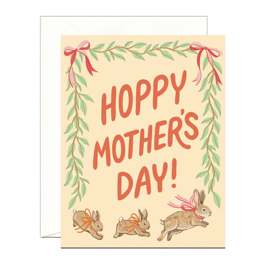 Hoppy Mom and Baby Bunnies with Bows Mothers Day Card