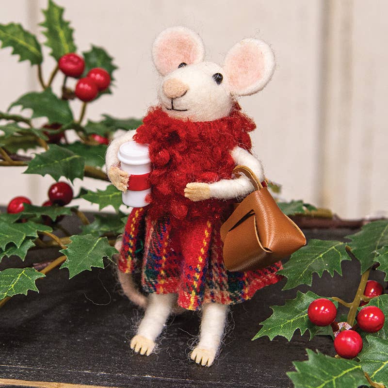 Festive Fashion Coffee Mouse Felted Ornament