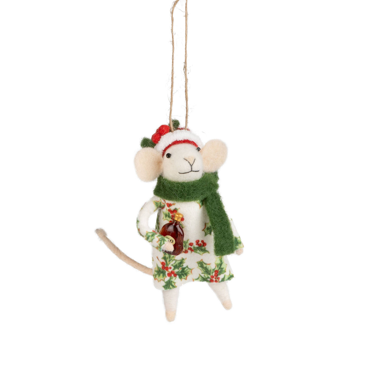 A13718:Felt mouse orn in holiday dress and Santa hat, 5in