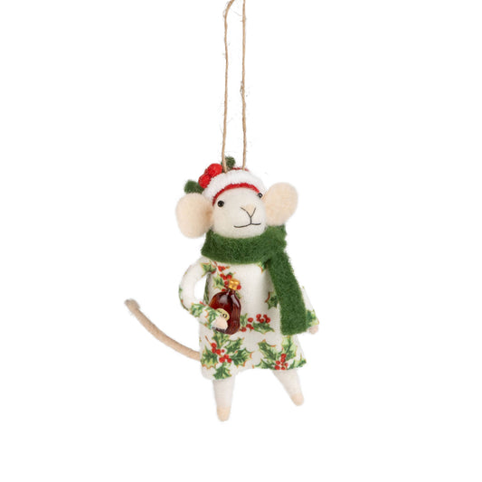 A13718:Felt mouse orn in holiday dress and Santa hat, 5in