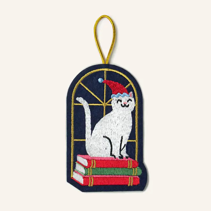 Embroidered Ornament  Book Stack Cat Ornament