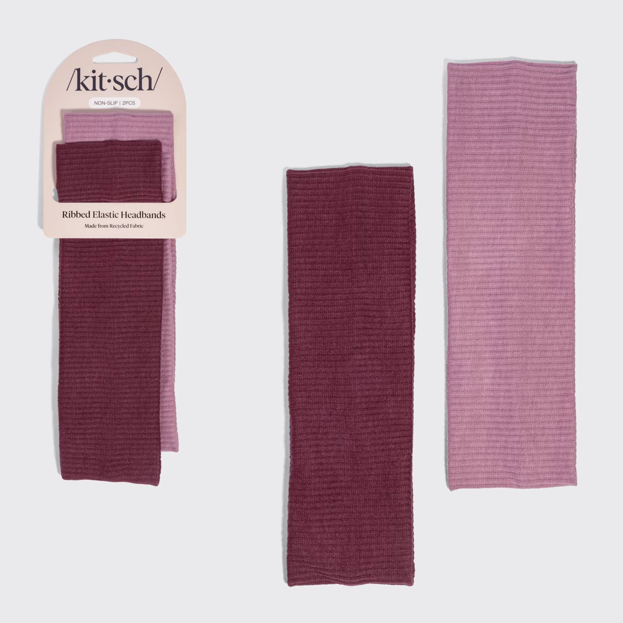 Recycled Fabric Ribbed Elastic Headbands 2pc Set - Cherry Lacquer & Dusty Pink