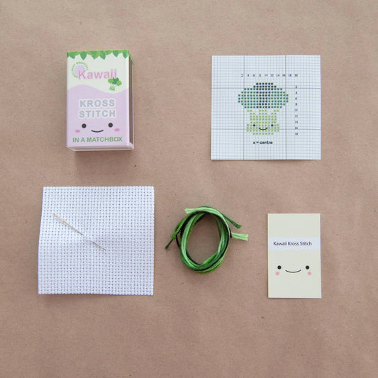 Kawaii Broccoli Cross Stitch Kit in A Matchbox