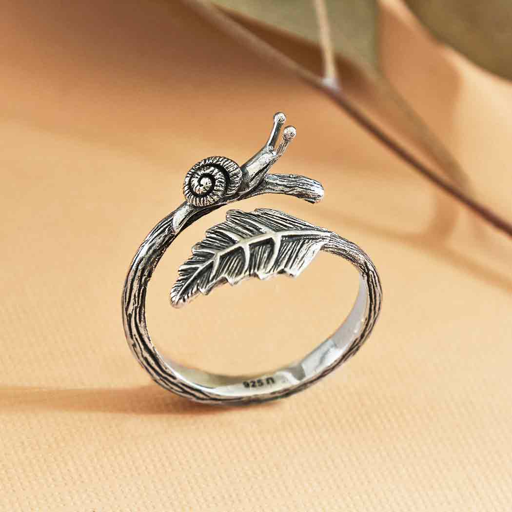 Sterling Silver or Bronze Adjustable Snail and Leaf Ring