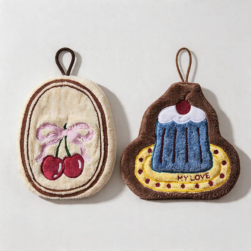 Cherry & Cake Pattern Coral Fleece Hanging Hand Towels