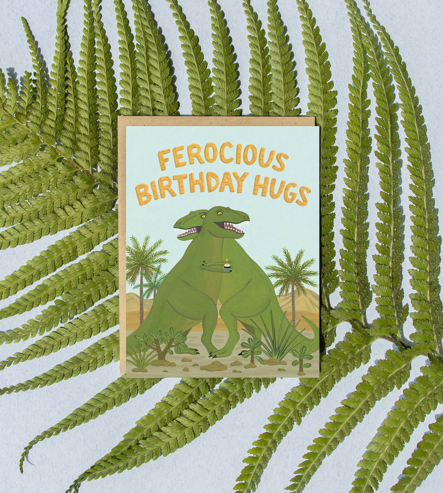 T-Rex Dinosaur Ferocious Hug and Cupcake Birthday Card