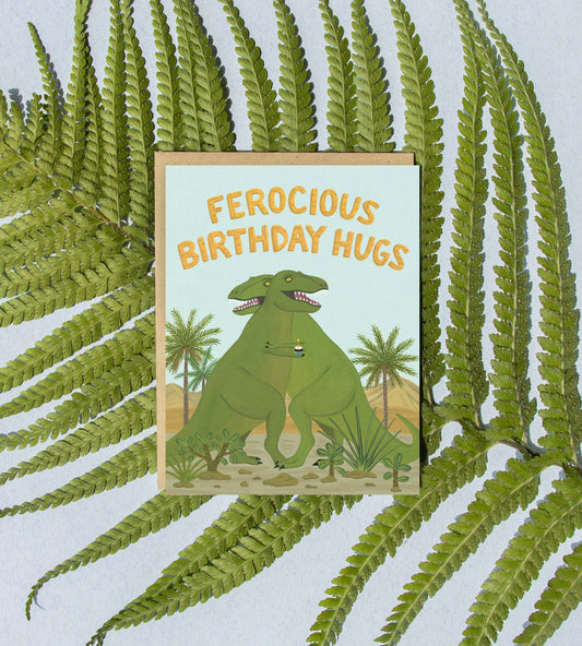 T-Rex Dinosaur Ferocious Hug and Cupcake Birthday Card