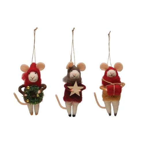 Felt Mouse Ornament -Wool Felt Mouse in Outfit Ornament W/Star/Wreath/Gift