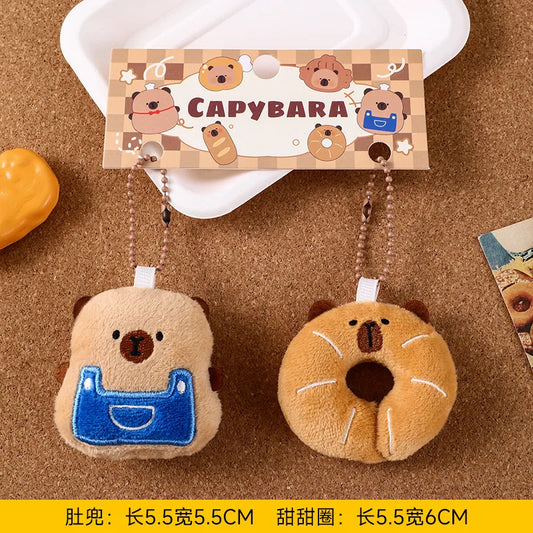 Capybara in Blue Overall with Capy Donut Bagel Keycharm Set of 2