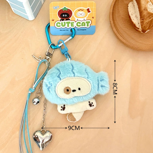 White Cat Blue Fish Hat Blue Heart Carabiner with Silver Charms Keychain
