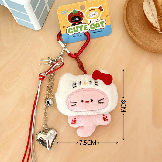 Pink Cat Hello Kitty Hat Red Heart Carabiner with Silver Charms Keychain