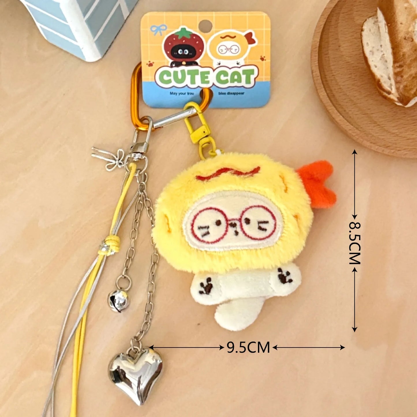 White Cat Red Glasses Shrimp Tempura Hat Orange Heart Carabiner with Silver Charms Keychain