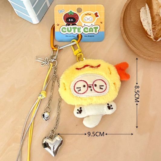 White Cat Red Glasses Shrimp Tempura Hat Orange Heart Carabiner with Silver Charms Keychain