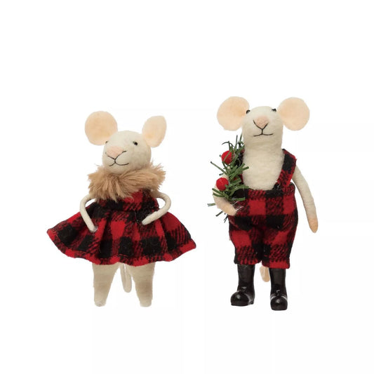 Felt Mouse Ornament - Wool Felt Mouse In Red Plaid (Assorted Styles)