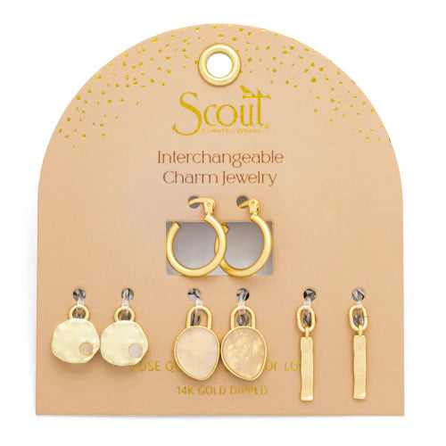 Interchangeable Charm Earring - Rose Quartz/Love/Gold